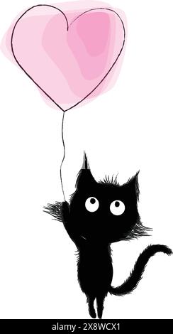 Illustrazione vettoriale del gatto nero e del cuore Illustrazione Vettoriale