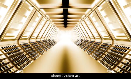 Animazione su astronavi o laboratori scientifici. Design. Corridoio alieno fantascientifico con bagliore metallizzato. Foto Stock