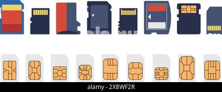 Lettori e memory stick. Schede diverse per computer, fotocamera, smartphone o televisione. Schede SIM con diversi chip di sicurezza, vettore decente Illustrazione Vettoriale