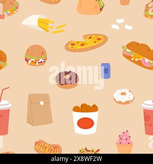 Gustoso hamburger, pizza, ciambelle e bevande, senza cuciture. Design di stampa fast food per l'avvolgimento o il tessuto. Consegna al caffè, ristorante, cucina vettoriale Illustrazione Vettoriale
