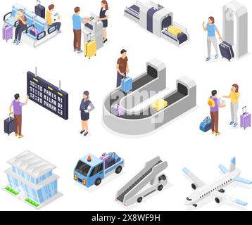 Passeggeri isometrici 3d dell'aeroporto. Imbarchi per partenze o arrivi, nastro per bagagli e team professionale. Check-in in stand, aereo e valigia, impeccabile Illustrazione Vettoriale