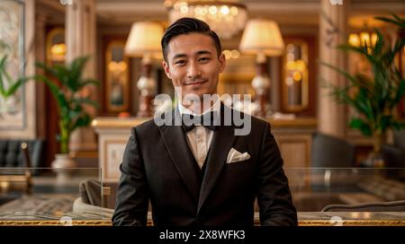 Sorridente receptionist asiatica transgender dell'hotel in smoking presso un lussuoso banco ricevimento. Foto Stock