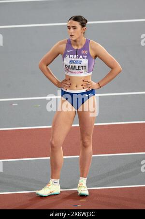 Abigail Pawlett della Gran Bretagna gareggia nel pentathlon di salto in alto ai Campionati mondiali di atletica leggera indoor, Emirates Arena, Glasgow, Scozia Foto Stock