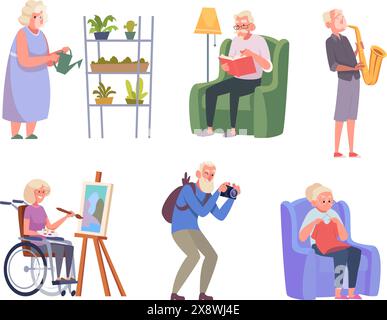 Hobby per anziani. Anziani a casa, a maglia, a leggere libri che lavorano su immagini di concetto vettoriale esatto del computer di hobby pensionati Illustrazione Vettoriale