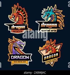 Distintivi Dragon. Etichette stilizzate di sport o club di combattimento con illustrazioni di draghi lucertola modello di immagini di arti marziali vettoriali recenti Illustrazione Vettoriale