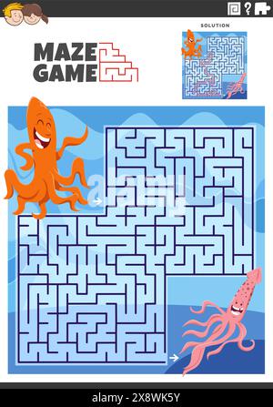 Illustrazione a cartoni animati di un gioco di puzzle labirinto educativo con polpi e calamari personaggi di animali marini Illustrazione Vettoriale