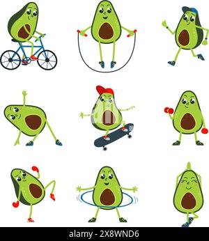 Avocado che si allena. Simpatici avocado con attrezzi sportivi, allenamento o esercizi. Cibo sano, superfood cartoni animati per nutrizione vegana, set vettoriale di classe Illustrazione Vettoriale