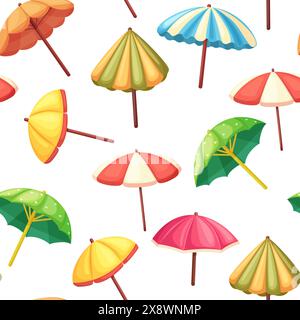 Ombrellone a cartoni animati motivo senza cuciture. Ombrelli elementi diversi, equipaggiamento estivo per la protezione solare. Sfondo vettoriale stagionale per la neve Illustrazione Vettoriale