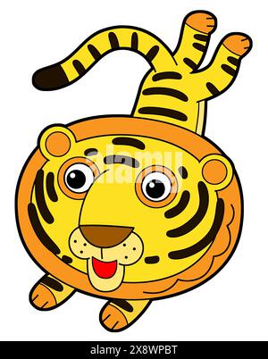 scena di cartoni animati con giovane tigre felice e divertente come un bambino dell'asilo o un bambino che si diverte con un'illustrazione isolata dello sfondo Foto Stock
