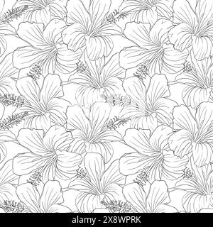 Motivo senza cuciture fiore di ibisco per design tessile, album e carta da parati. Sfondo floreale tropicale disegnato a mano con disegni a linee Illustrazione Vettoriale