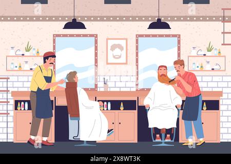 Clienti del barbiere. Barbiere che lavora capelli tagliati alla sedia uomo allo specchio, uomini barba tagliata, personaggio cartoni animati parrucchiere maschile in salone di parrucchiere elegante illustrazione vettoriale Illustrazione Vettoriale