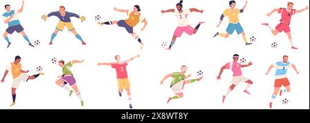 I giocatori di calcio si mettono in posa. Giocatore di calcio professionista posa dinamica, azione sportiva piedi calcio palla dribbling in posa portiere cattura goal pass, immagine vettoriale di classe dei giocatori di calcio Illustrazione Vettoriale
