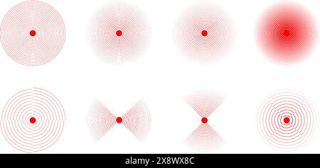 Icone di localizzazione del dolore. Gruppo di cerchi concentrici rossi. Simboli di dolore o infiammazione. Segnale di polso, onda d'urto o vibrazione. Copertura o danni, pittogrammi del segnale radio o sonar. Illustrazione vettoriale. Illustrazione Vettoriale