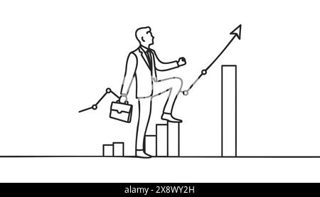 Disegno continuo su una linea. Raggiungi il bersaglio. Uomo d'affari che sale le scale fino all'obiettivo. Concetto di business. Illustrazione Vettoriale