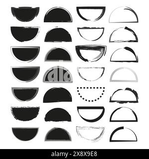 Disegni a semicerchio assortiti. Vari stili di pennello. Set di vettori in bianco e nero. Forme artistiche. Illustrazione Vettoriale