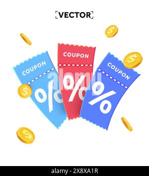 Confezione di coupon 3d in diversi colori, con monete dorate, isolate su sfondo bianco. Voucher con codice coupon, percentuale di sconto. Modello banner omaggio. Illustrazione vettoriale 3D. Illustrazione vettoriale Illustrazione Vettoriale