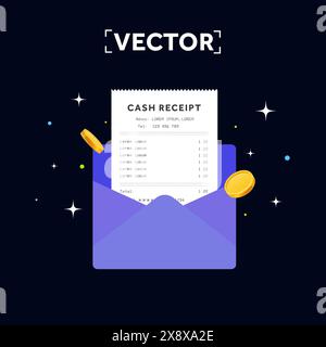 Ricevuta di acquisto o fattura all'interno di una busta, con monete dorate, isolata su sfondo scuro. Banner o modello e-mail per la ricevuta di pagamento. Illustrazione vettoriale. Illustrazione vettoriale Illustrazione Vettoriale