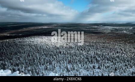 Un volo sulla fitta foresta invernale della Siberia nel pomeriggio. Fermo. Montagna bianca e una torre meteorologica ghiacciata sulla sua sommità. Foto Stock