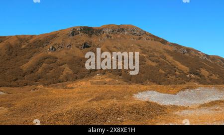 Colorata vegetazione autunnale in una zona montuosa. Fermo. Una giornata di sole, cielo blu e colline dorate. Foto Stock