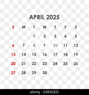 Calendario di aprile 2025. La settimana inizia domenica. Illustrazione Vettoriale