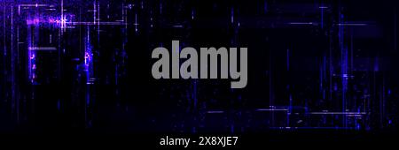 Effetto TV vintage con linee viola e texture pixel su sfondo nero. Immagine vettoriale realistica della riproduzione video vhs tv retrò astratta o riavvolgimento della grana e dello sfondo del rumore. Illustrazione Vettoriale