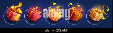 Set di confezioni regalo isolato su sfondo nero. Illustrazione vettoriale di confezioni chiuse confezionate in carta rossa e gialla, decorate con fiocchi a nastro, icona di sconto o di vendita, scatola regalo per le vacanze Illustrazione Vettoriale