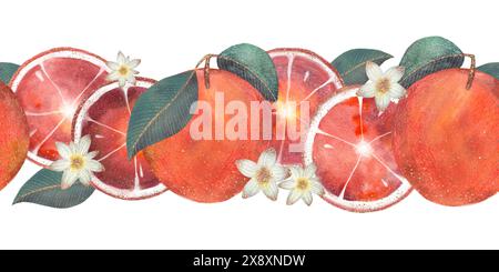 Illustrazione ad acquerello con arance rosse siciliane, fette di pompelmo e fiori bianchi in un motivo senza cuciture. Foto Stock