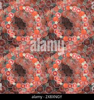 Un vivace motivo circolare mette in mostra agrumi, fiori ed effetti luminosi su uno sfondo scuro in un affascinante design frattale Foto Stock