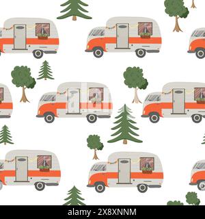 Camper, minivan, alberi boschivi senza cuciture. Stile piatto, colori retrò Foto Stock