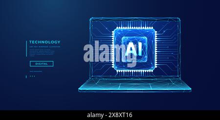 Chip AI su un monitor di un notebook. Informazioni sulla tecnologia digitale astratta. Illustrazione Vettoriale