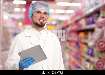 Specialista del controllo della qualità alimentare che esamina i prodotti nei supermercati Foto Stock