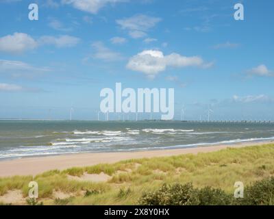 Zelanda, Paesi Bassi - 2 agosto 2023: Bellissima spiaggia con dune di sabbia di fronte alla diga di Oosterscheldekering Foto Stock