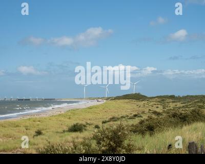 Zelanda, Paesi Bassi - 2 agosto 2023: Bellissima spiaggia con dune di sabbia di fronte alla diga di Oosterscheldekering Foto Stock