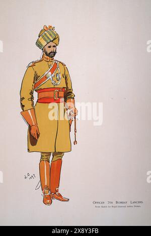 British Empire Military Uniforms, soldato British Indian Army, ufficiale 7th Bombay Lancers, 1900, LIBRO SOUVENIR - ROYAL NAVAL & MILITARY BAZAAR 19 GIUGNO Foto Stock