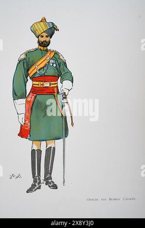 British Empire Military Uniforms, soldato British Indian Army, ufficiale 6th Bombay Cavalry, 1900, LIBRO SOUVENIR - ROYAL NAVAL & MILITARY BAZAAR 19 GIUGNO Foto Stock