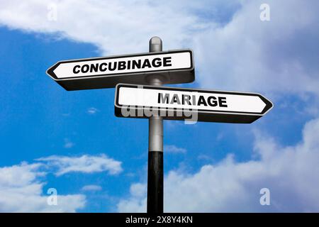 Due indicazioni, una a sinistra e l'altra a destra, con scritto in francese: Concubinage / Mariage, che significa in inglese: Foto Stock