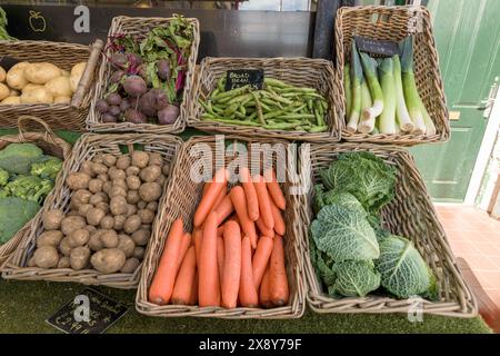 Cesti di vimini pieni di verdure fresche in esposizione a John's Street, Porthcawl, Regno Unito Foto Stock