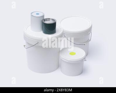 Set di secchi per vernici e contenitori per vernici, pittura professionale e decorazione, isolati su sfondo bianco Foto Stock