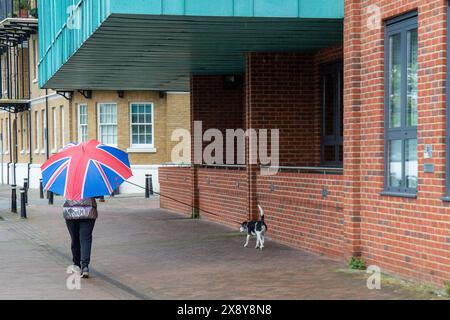 Windsor, Regno Unito. 28 maggio 2024. Una signora cammina con un cane vicino al fiume Tamigi. Era una mattina umida e piovosa a Windsor, nel Berkshire, oggi. Crediti: Maureen McLean/Alamy Live News Foto Stock