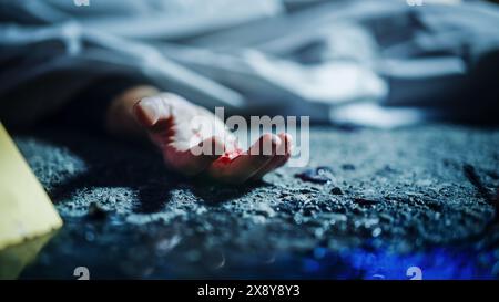 Primo piano estremo sulla mano di sangue della vittima. Ancora corpo morto sotto una copertura e accanto ai marcatori numerati. Il sangue versato sul pavimento suggerisce un crimine violento e scioccante della passione a Urban City Foto Stock