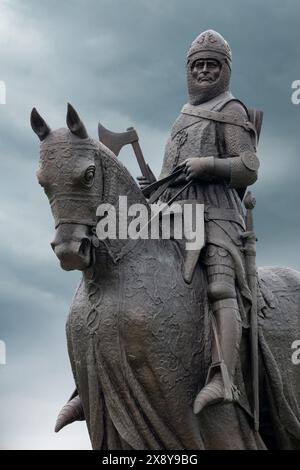 Statua di Robert il re Bruce di Scots, al monumento per la battaglia di Bannockburn, Centro visitatori di Bannockburn, Stirling Scozia Foto Stock