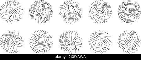 Set di texture con anelli di legno circolari o linee della mappa topografica. Collezione di linee astratte topografiche in legno Illustrazione Vettoriale