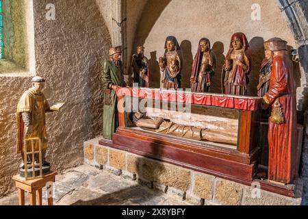 Francia, alta Loira, chiesa di Saint Roch, intagliata in legno del XV secolo, valle di Allier Foto Stock