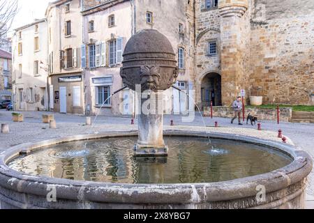 Francia, Puy de Dome, Vic le Comte, etichettato Petites Cités de Caractère® (piccole città con un patrimonio notevole), fontana di piazza Vieux Marche, Alli Foto Stock