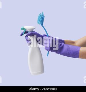 Mani femminili che tengono in mano una spazzola e un detergente spray, igiene e pulizia domestica Foto Stock
