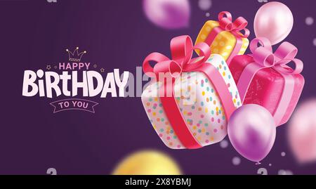 Auguri di buon compleanno, design vettoriale. Testo del saluto di compleanno con confezione regalo 3d e elementi decorativi palloncini su sfondo viola. Vettore Illustrazione Vettoriale