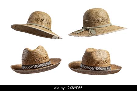 Set di cappelli di paglia da diversi punti di vista, isolati su sfondo bianco Foto Stock