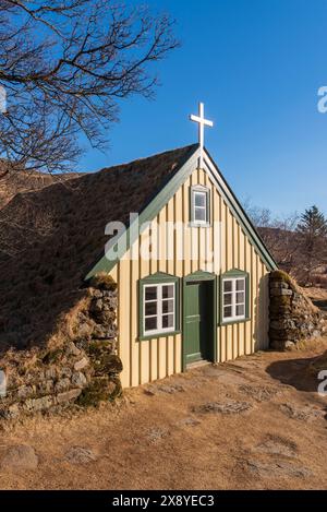 L'Islanda, Sud Est Islanda Austurland, Regione, Hof, Hofskirkja Turf Chiesa Foto Stock