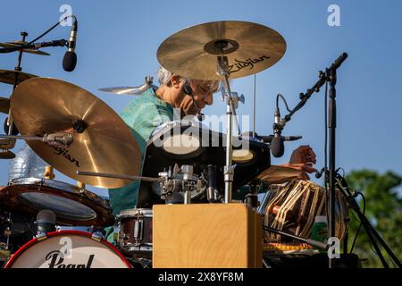 Il signor Trilok Gurtu in concerto. Percussionista e compositore indiano. Concerto all'aperto di prima mattina. Moruzzo, provincia di Udine, Friuli Venezia Giulia, Italia. Foto Stock