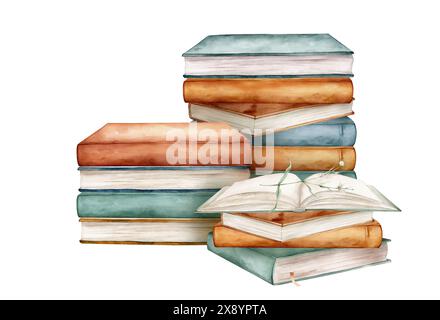 Set di libri con piante e fiori bianchi illustrazione acquerello isolata su sfondo bianco. Aprire e impilare libri di colori marrone/verde Foto Stock